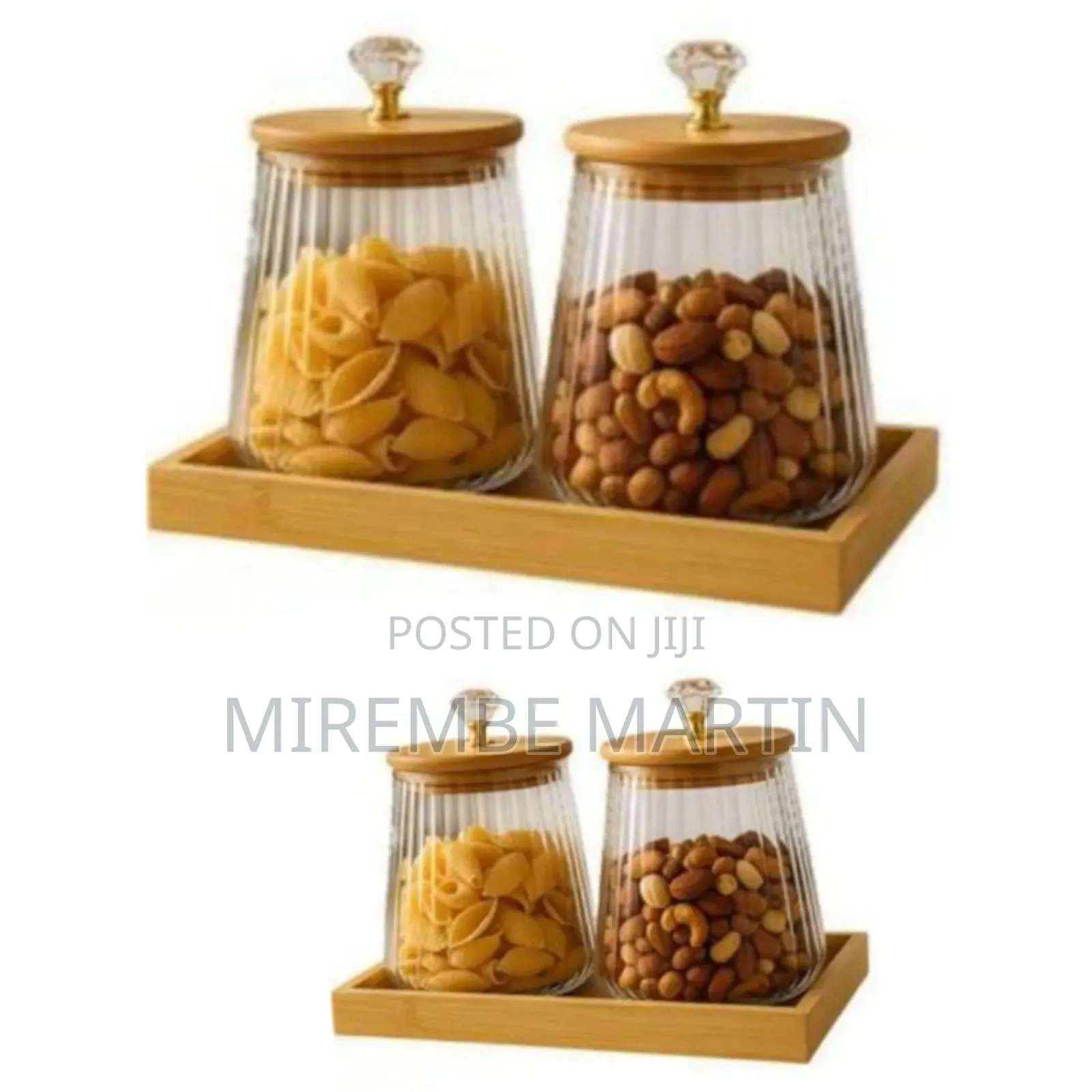 Set of Two Fluted Glass Storage Jars With Bamboo Tray and Crystal