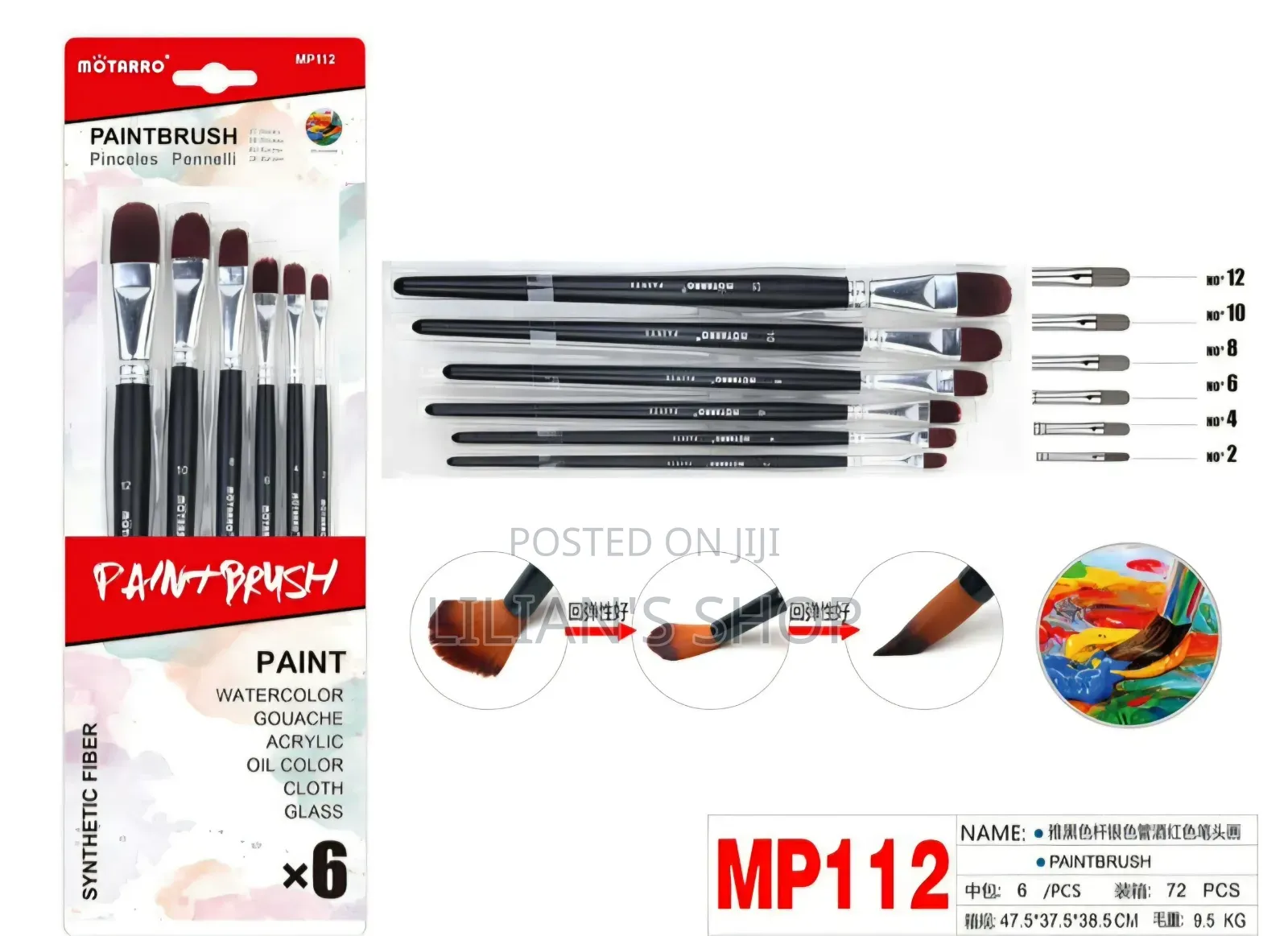 Motarro 6-Piece Black Synthetic Filbert Paintbrush Set