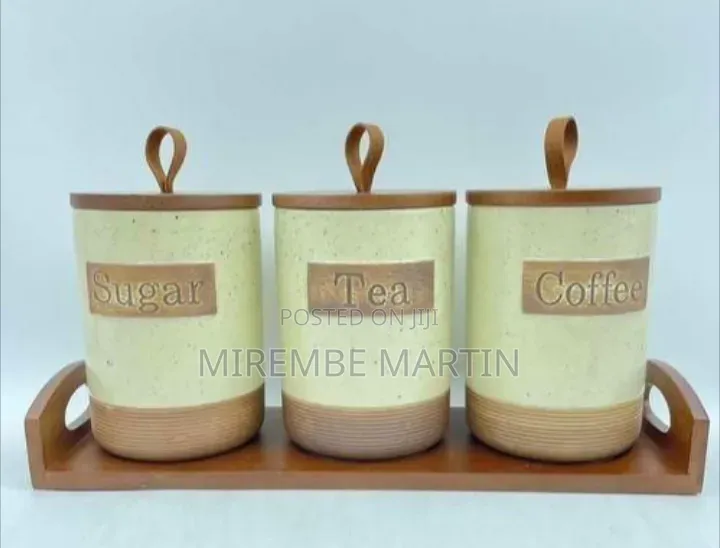 Rustic Kitchen Canister Set With Wooden Tray (Sugar, Tea, Coffee)