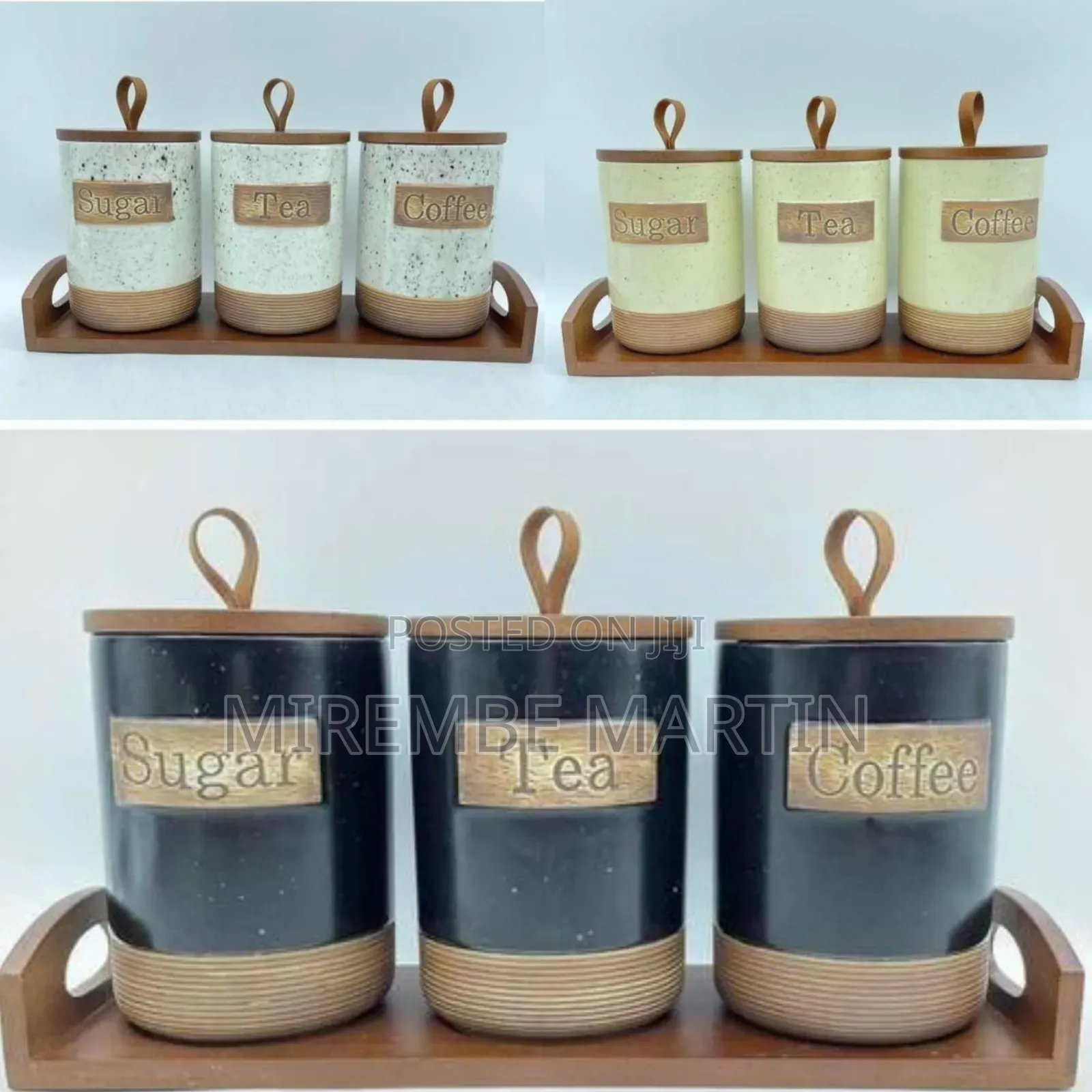 Rustic Kitchen Canister Set With Wooden Tray (Sugar, Tea, Coffee)
