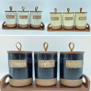 Rustic Kitchen Canister Set With Wooden Tray (Sugar, Tea, Coffee)