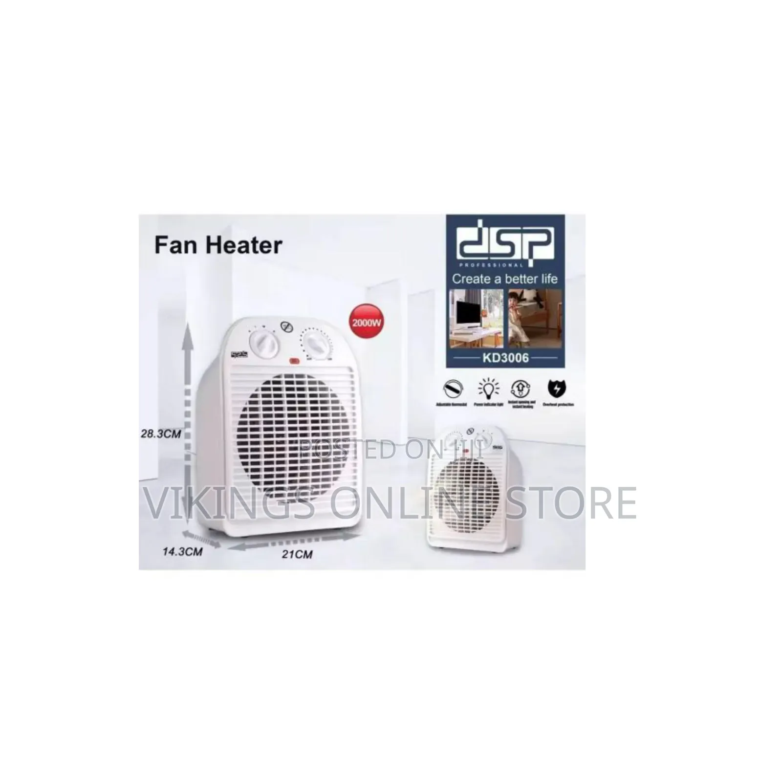 A White DSP KD3006 Fan Heater With Dual Control Knobs and a 2000W