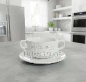 6pcs Ceramic Double-Handled Soup Cup With Matching Saucer