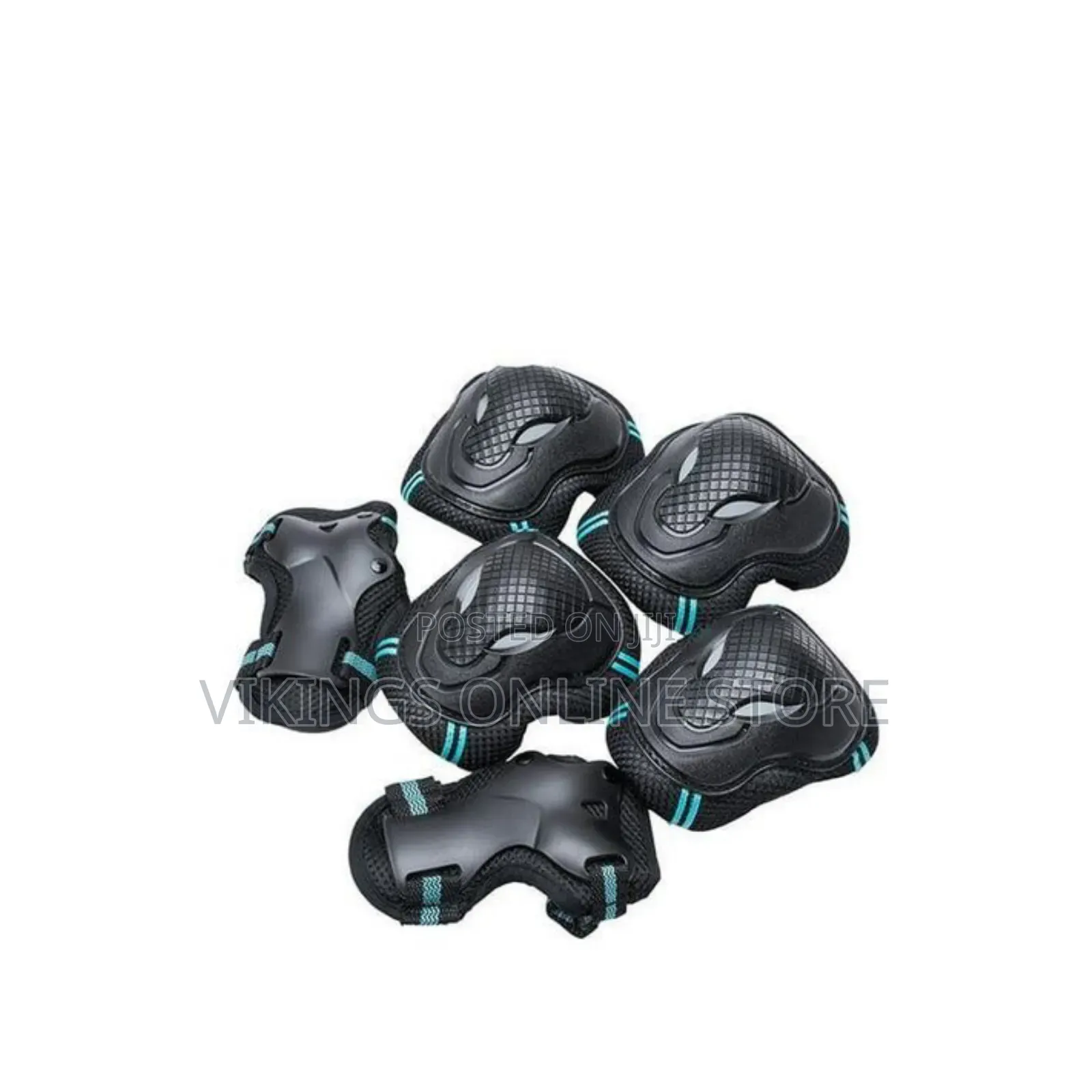 6-Piece Sports Protective Gear Set-Black Pads With Blue Trim