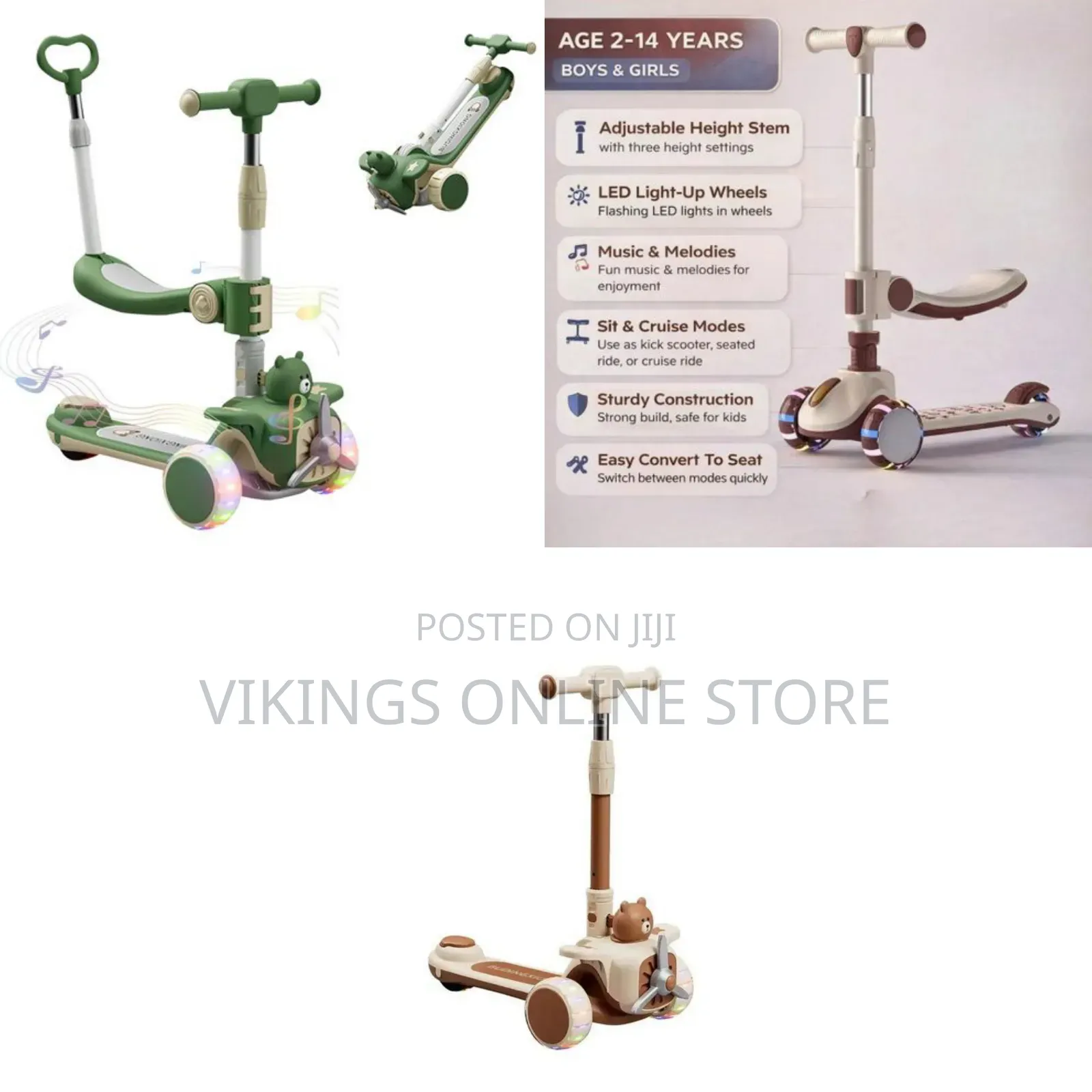 Brown and Beige 3-Wheel Kids' Kick Scooter Convertible Seat and a Cute