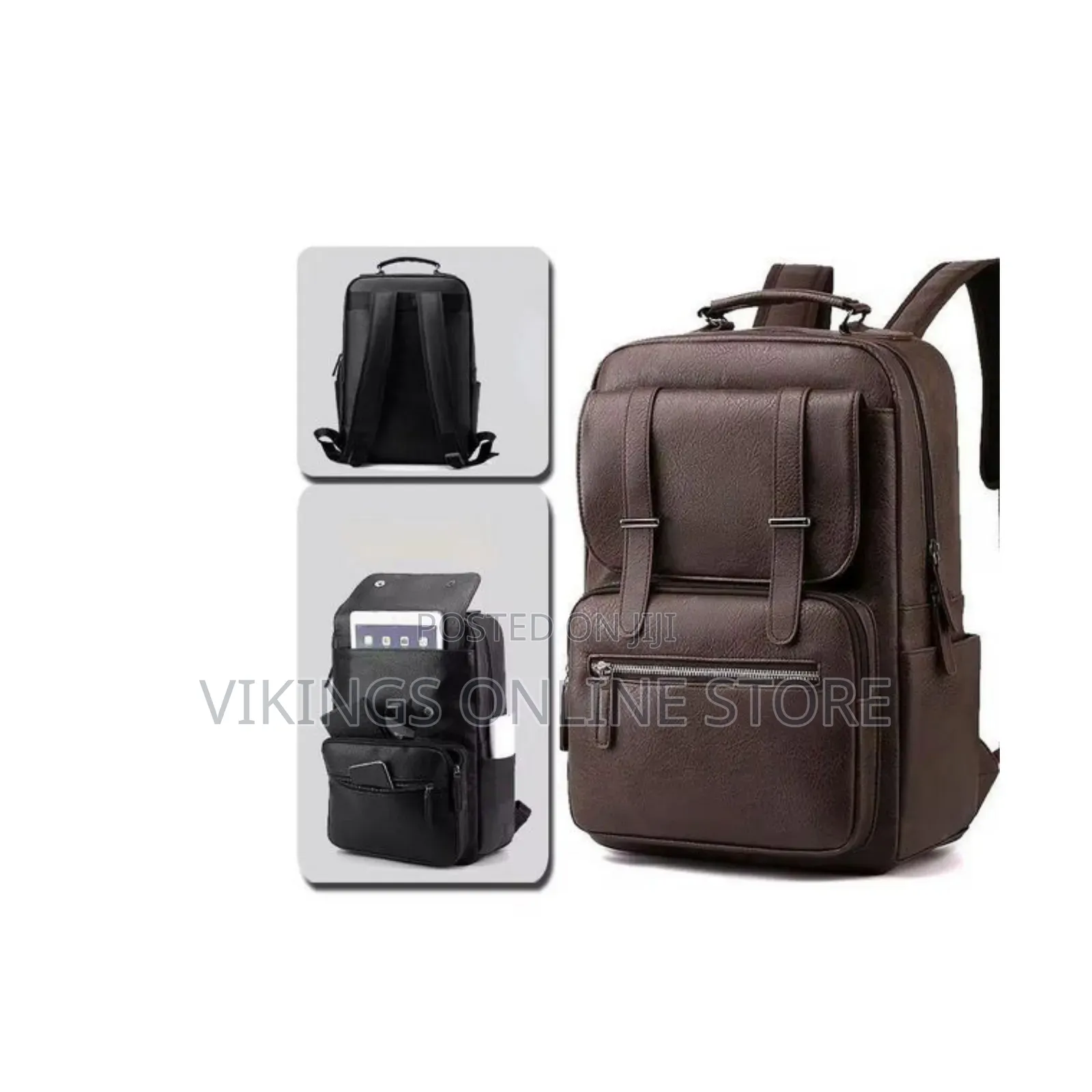 Black, Faux-Leather Casual Business Backpack With Dual Front Flap