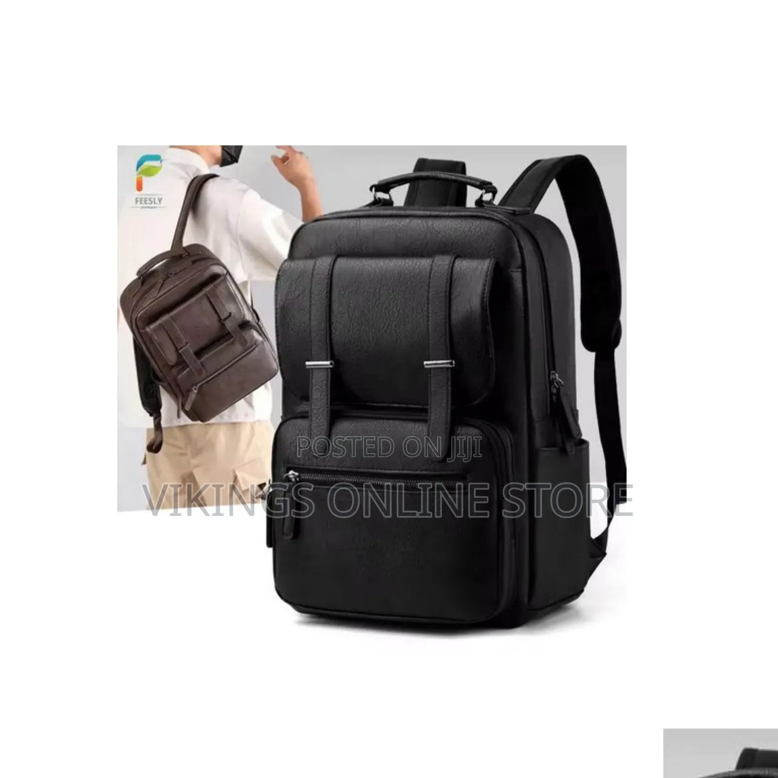 Black, Faux-Leather Casual Business Backpack With Dual Front Flap