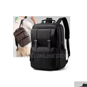 Black, Faux-Leather Casual Business Backpack With Dual Front Flap