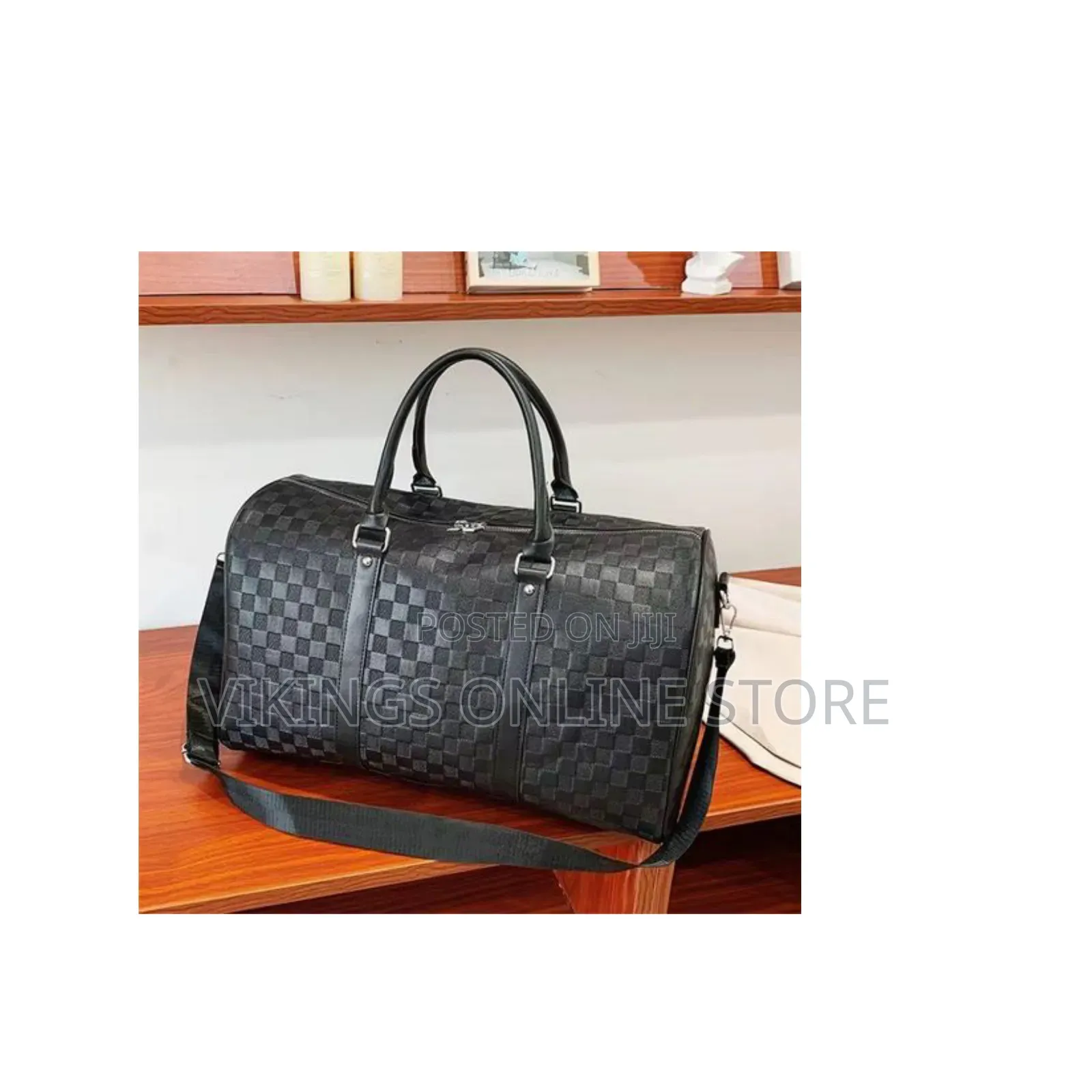 Black Checkered Travel Duffel Bag, Popular as a Weekender, Overnight