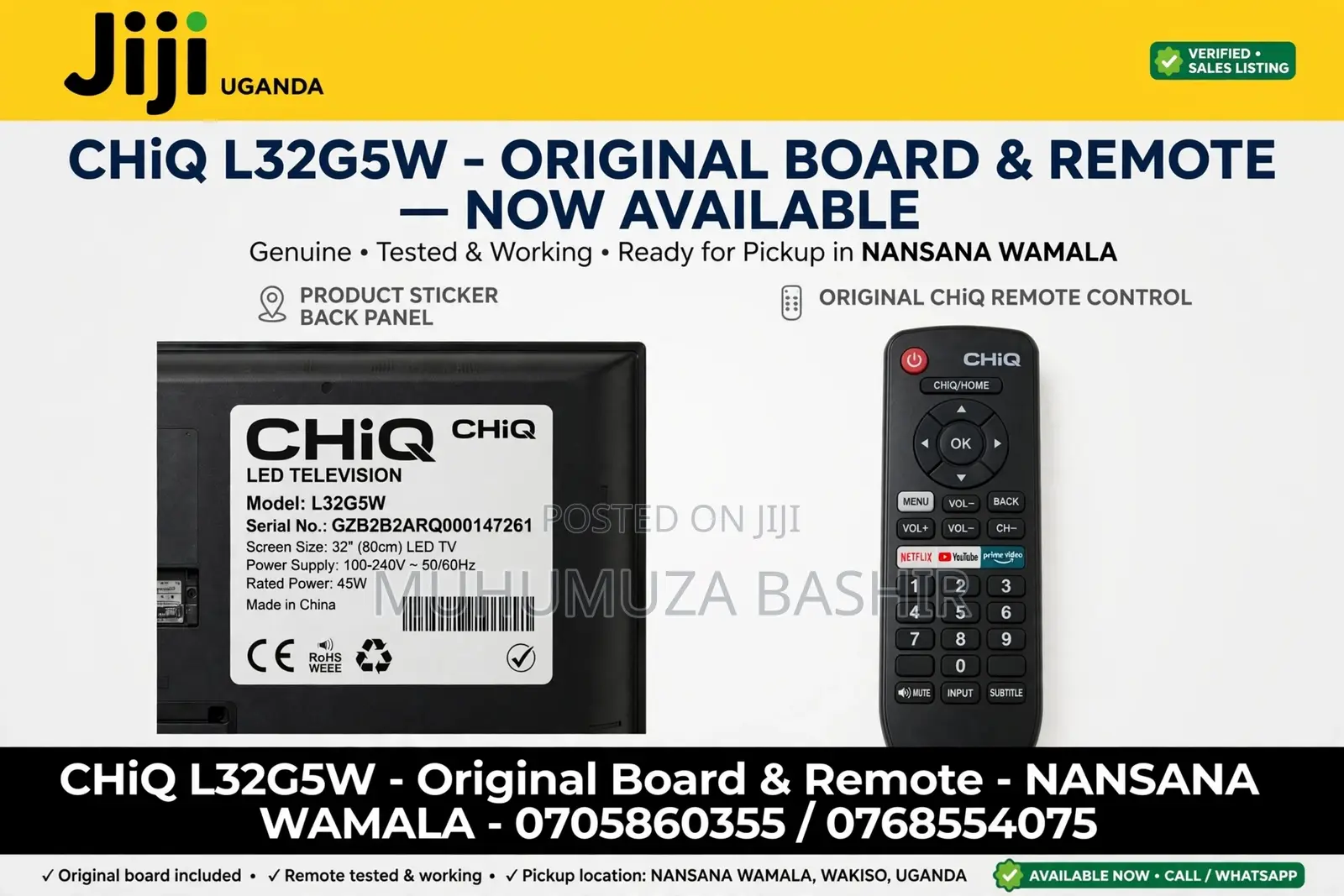 CHiQ 32 Inch TV for Parts L32G5W - Power & Sound OK - With Remote