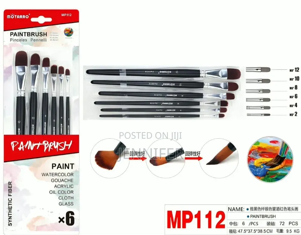 Motarro 6-Piece Black Synthetic Filbert Paintbrush Set