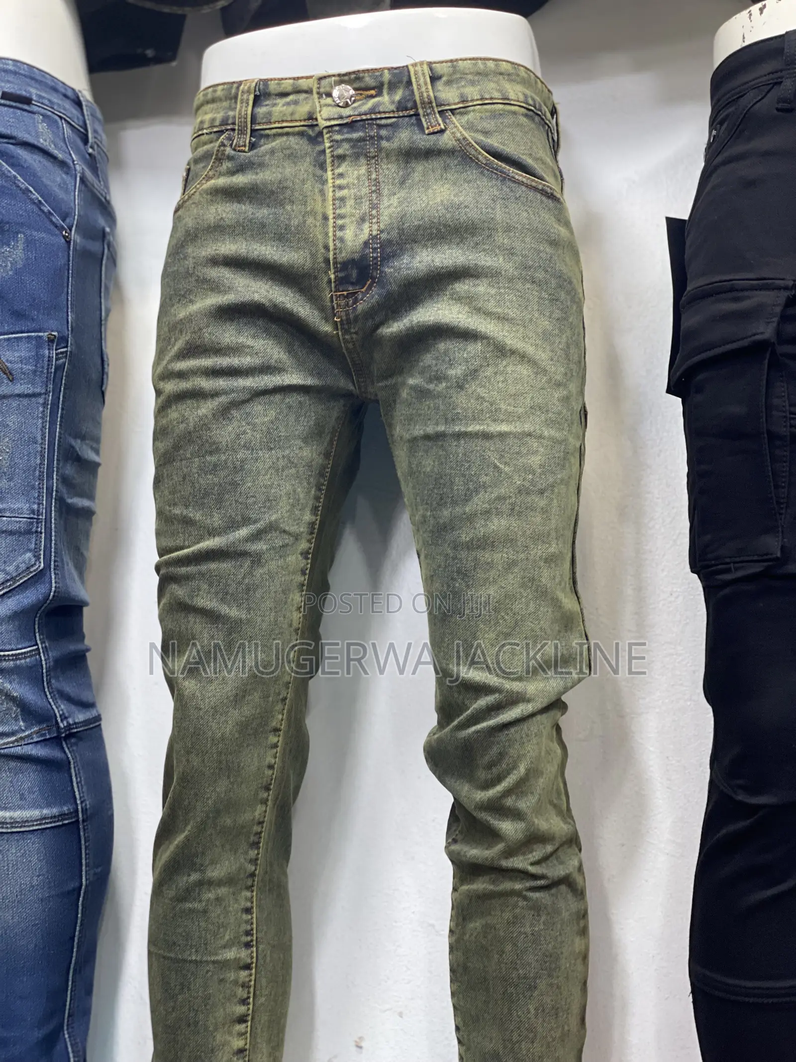 Men’s Army Green Washed Skinny Jeans Slim Fit Stretchy
