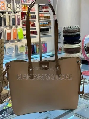 Beige BAGCO Tote Bag With Brown Shoulder Straps