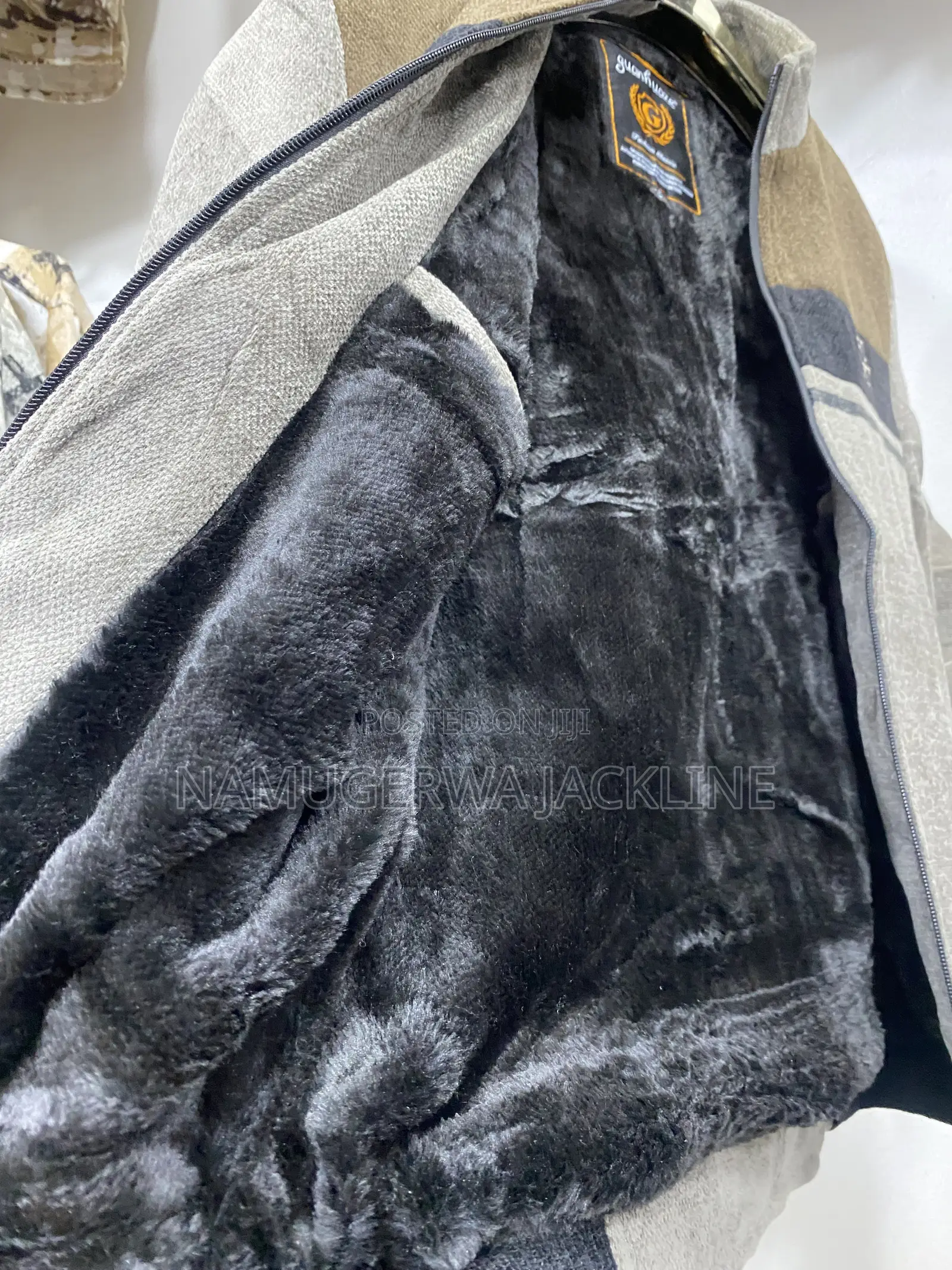 Men's Warm Bomber Jacket Grey Brown Color Block Black Fur Inside