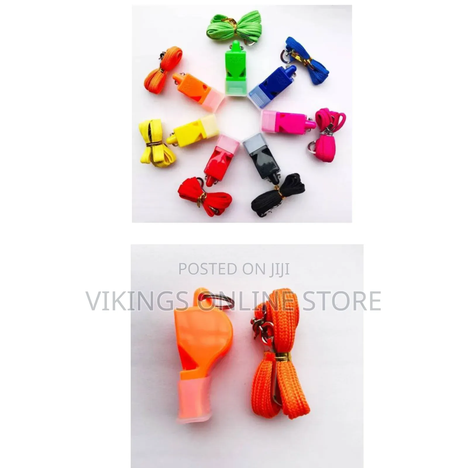 Set of Colorful Plastic Sports and Emergency Whistles With Matching