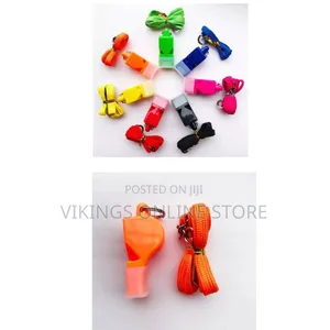 Set of Colorful Plastic Sports and Emergency Whistles With Matching