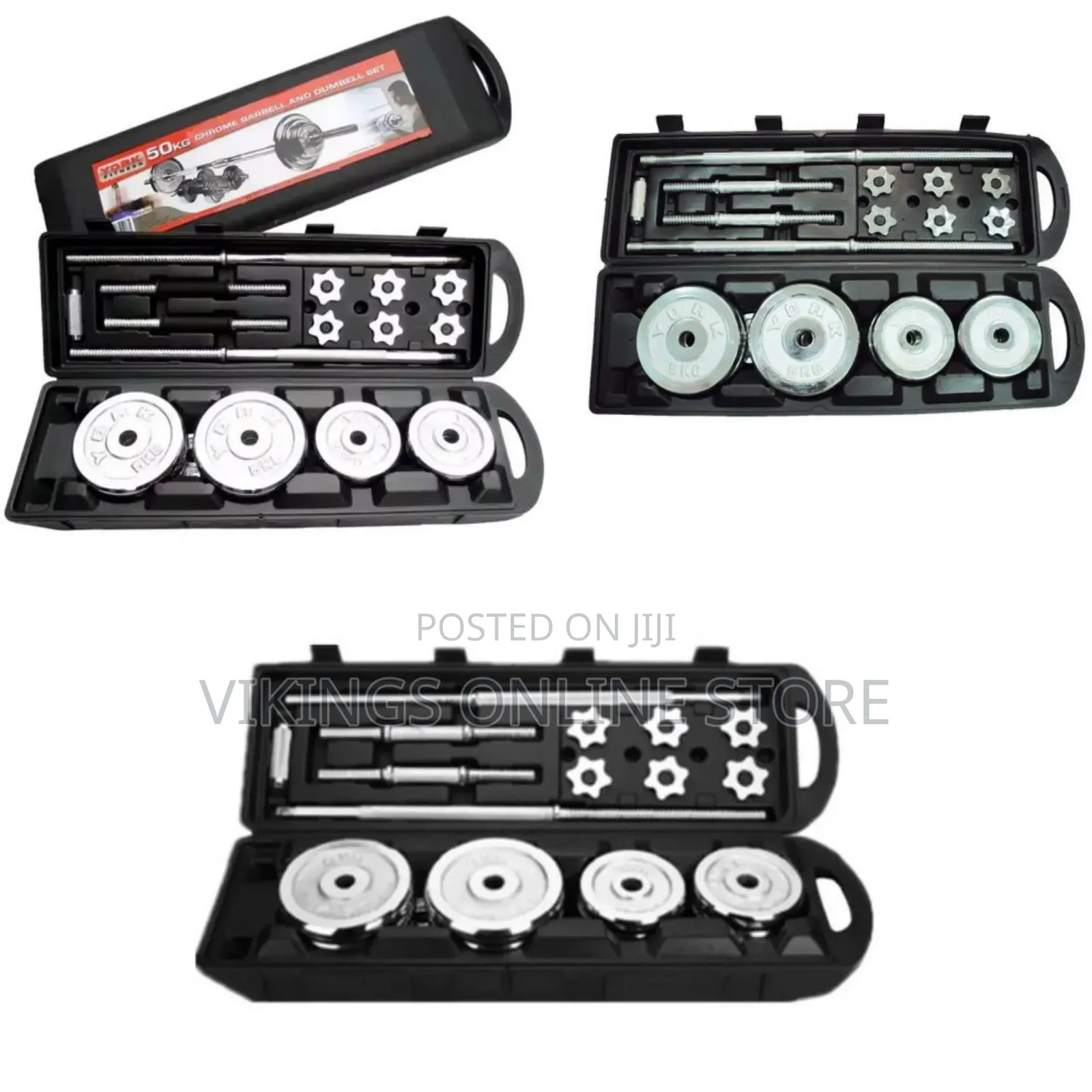 An Adjustable 50kg Chrome Barbell and Dumbbell Set Packed in a Black