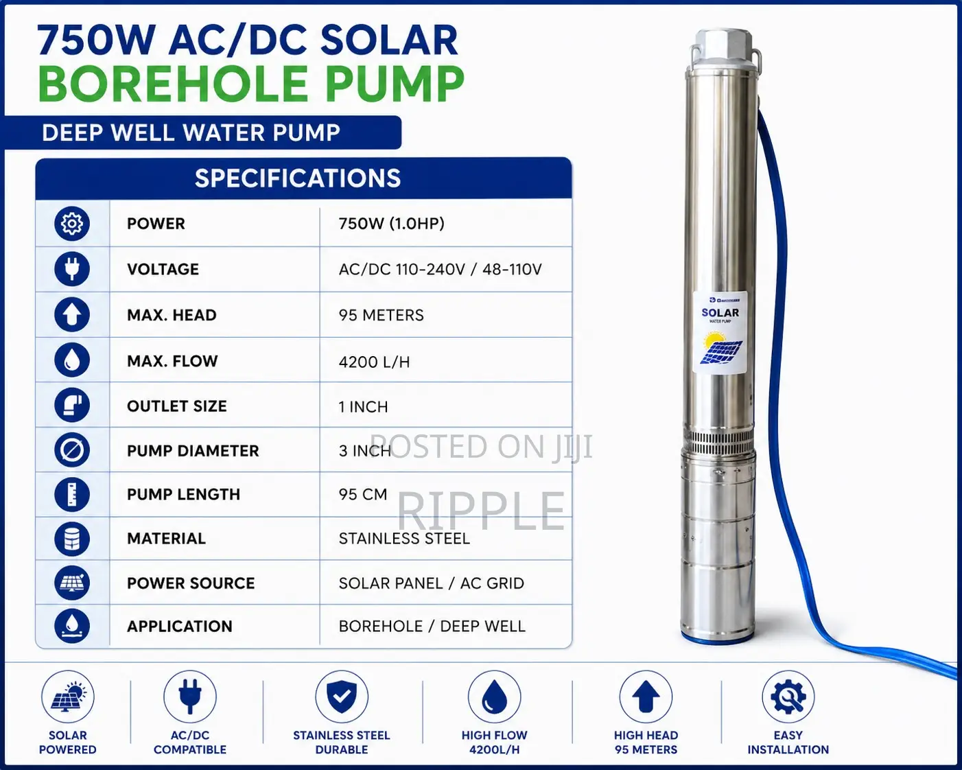 750W Solar Borehole Pump 95m Head 4,200l/H 110V DC Submersible Pump