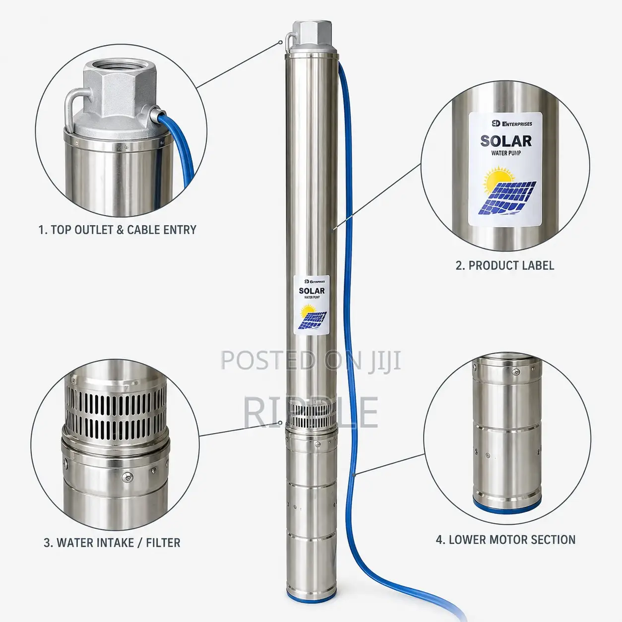 750W Solar Borehole Pump 95m Head 4,200l/H 110V DC Submersible Pump
