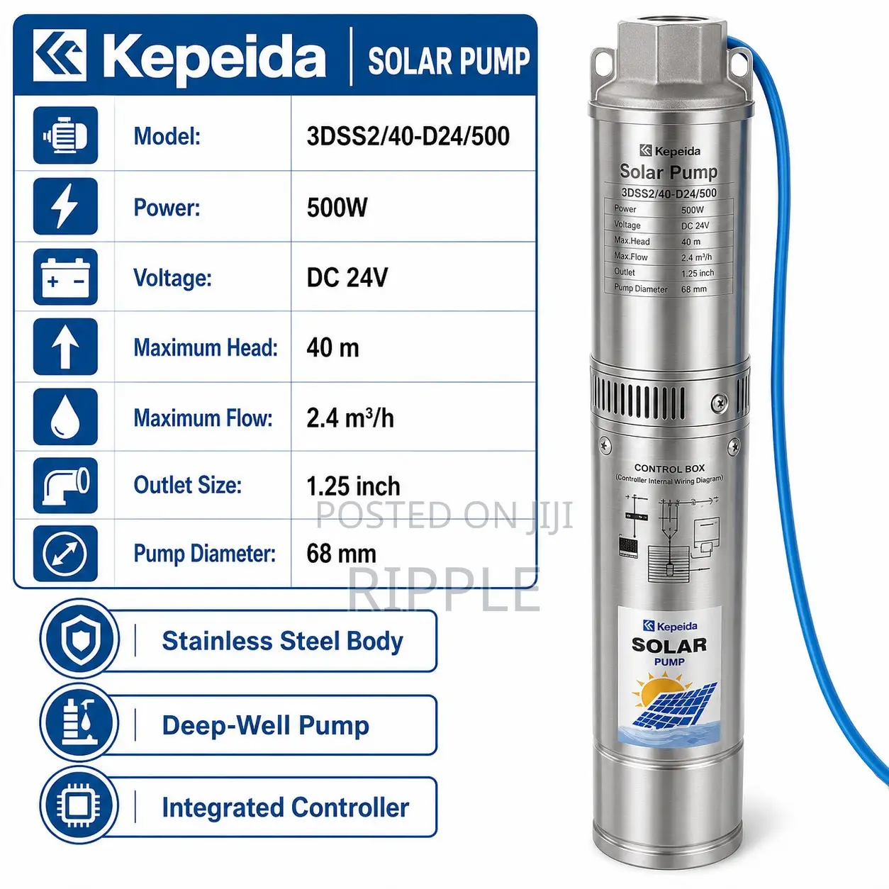 400W Solar Borehole Pump 40m Head 4,000l/H 24V Deep Well Water Pump