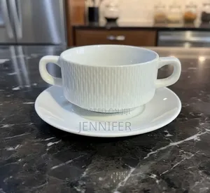 6pcs Ceramic Double-Handled Soup Cup With Matching Saucer
