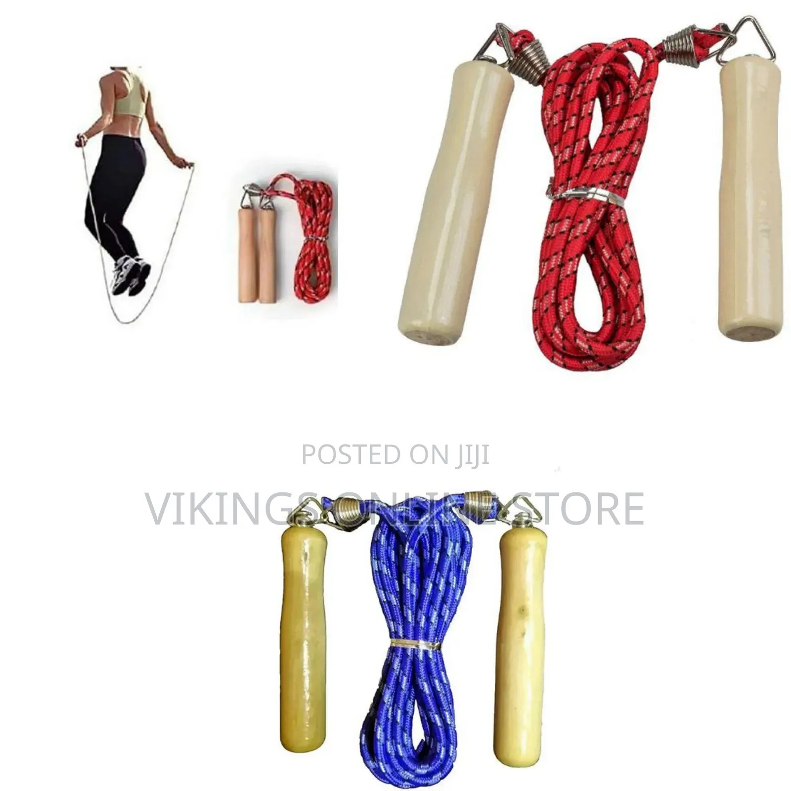 Braided Jump Rope With Smooth, Light-Colored Wooden Handles and Metal