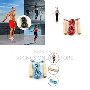 Classic Wooden Handle Fitness Jump Rope With a Blue Cord