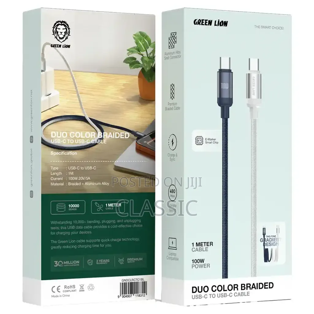 Green Lion Duo Colour Braided USB-C to USB-C Cable – 100W, 1m