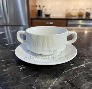 6pcs Ceramic Double-Handled Soup Cup With Matching Saucer