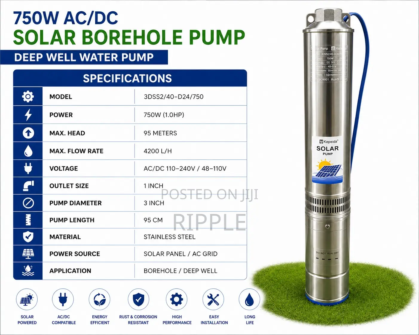 1500W AC/DC Solar Borehole Pump 135m Head 6,000l/H Deep Well Pump