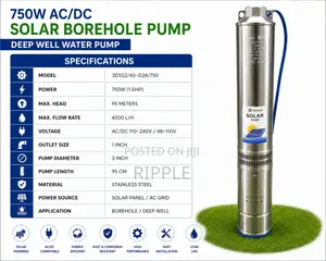1500W AC/DC Solar Borehole Pump 135m Head 6,000l/H Deep Well Pump