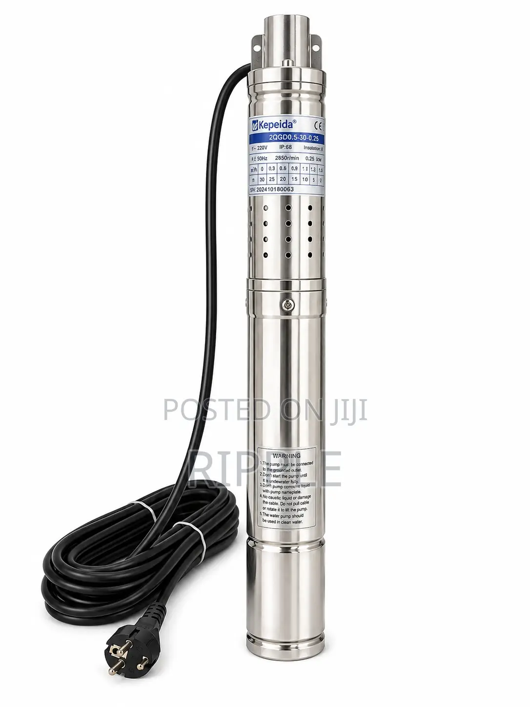 250W AC Borehole Water Pump 70m Head 1,800l/H 220V Deep Well Pump