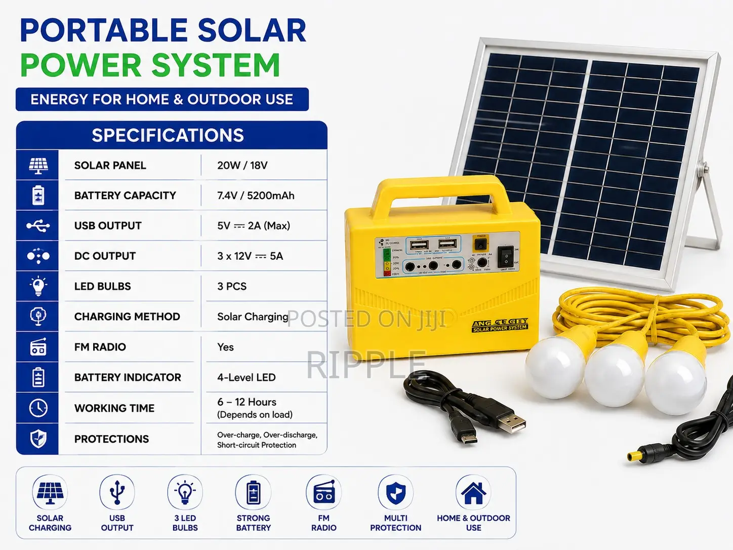 20W Solar Home Lighting Kit With FM Radio & USB Charging
