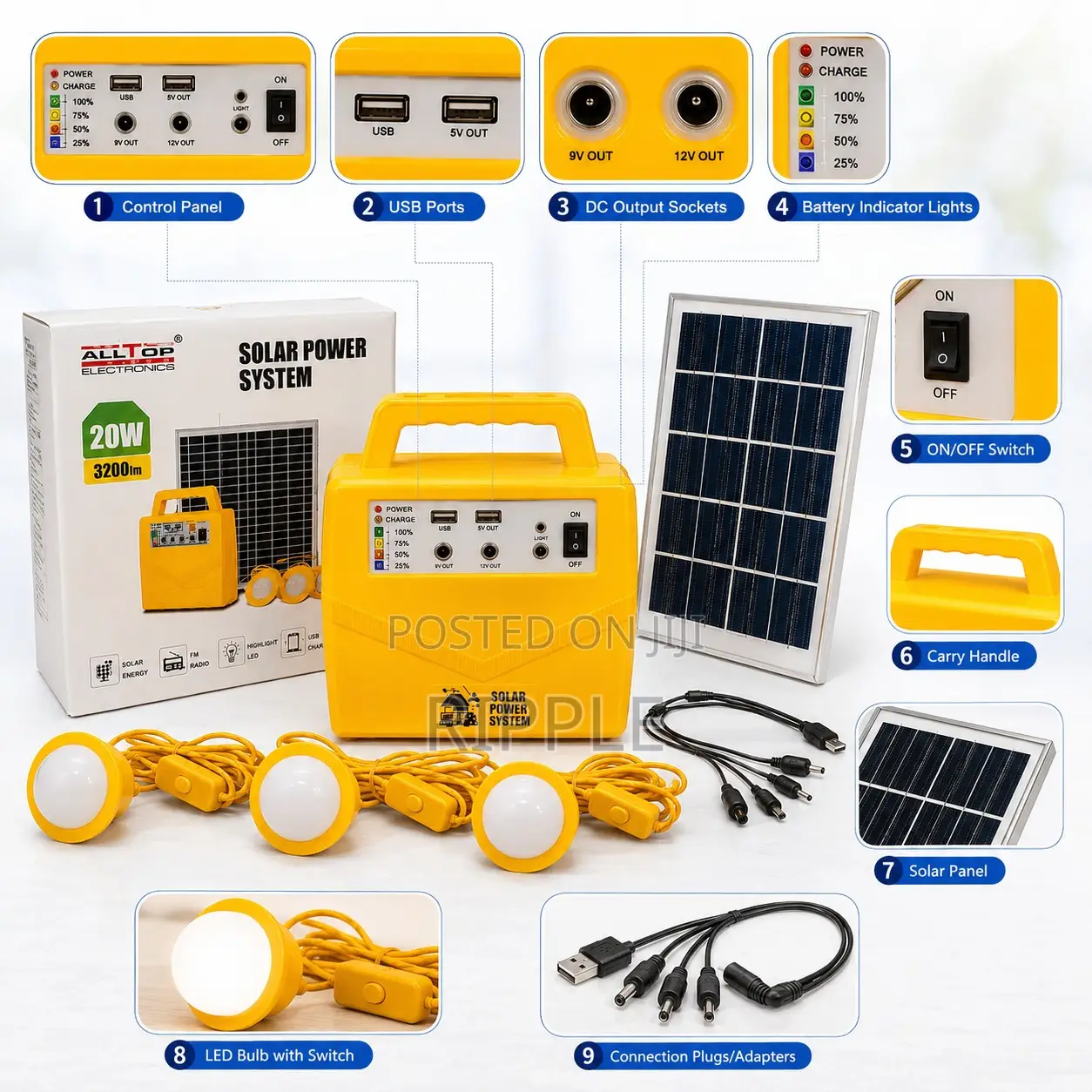 20W Solar Home Lighting Kit With FM Radio & USB Charging
