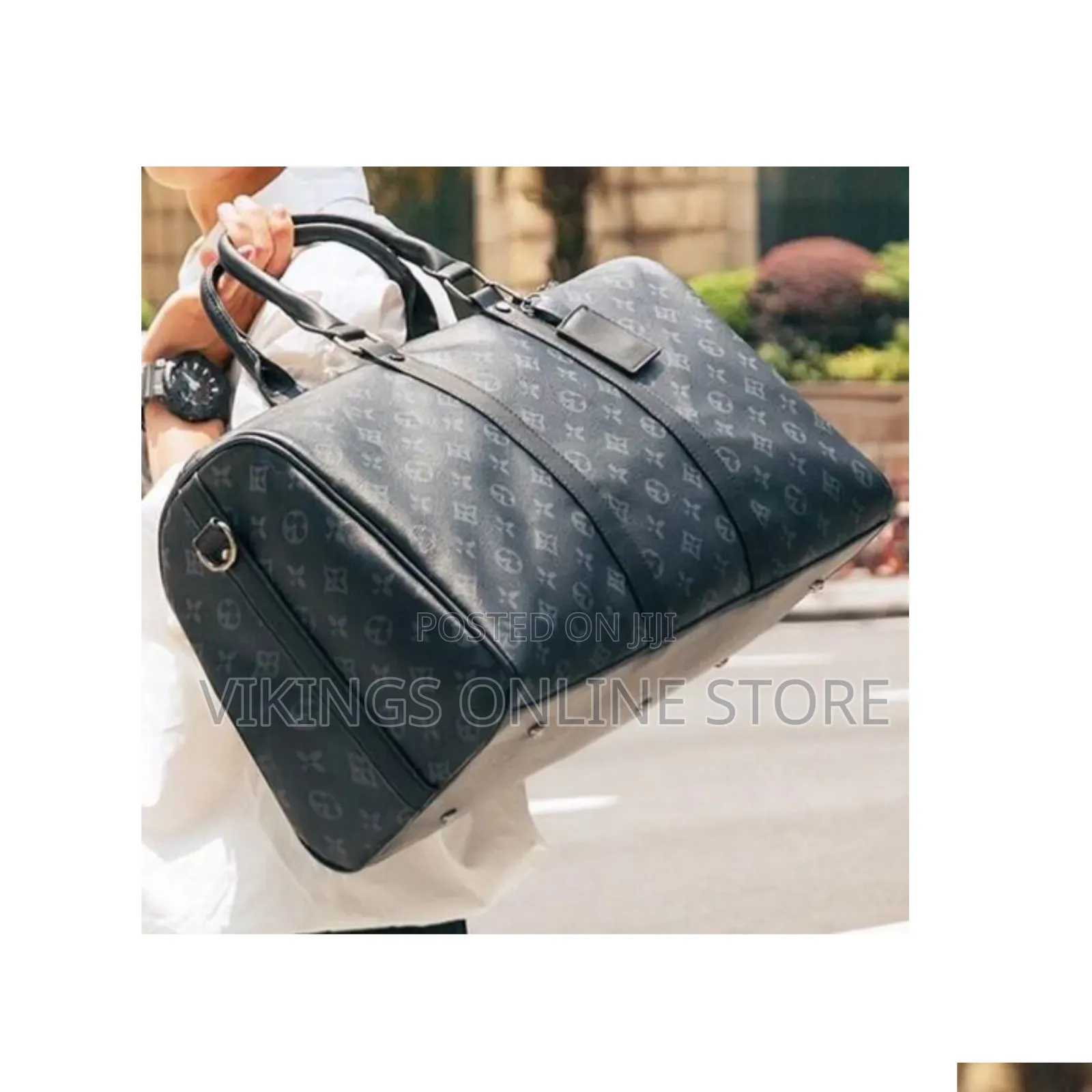 Large Travel Duffel Bag Styled in a Dark Gray and Black Monogram