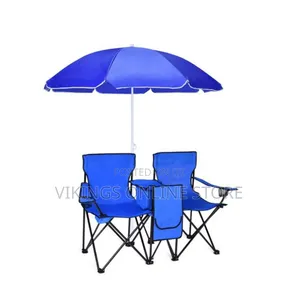 Portable 2-Seater Folding Camping Chair a Matching Blue Umbrella