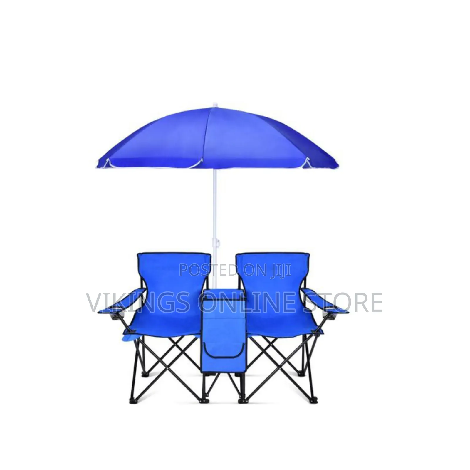 Portable 2-Seater Folding Camping Chair a Matching Blue Umbrella