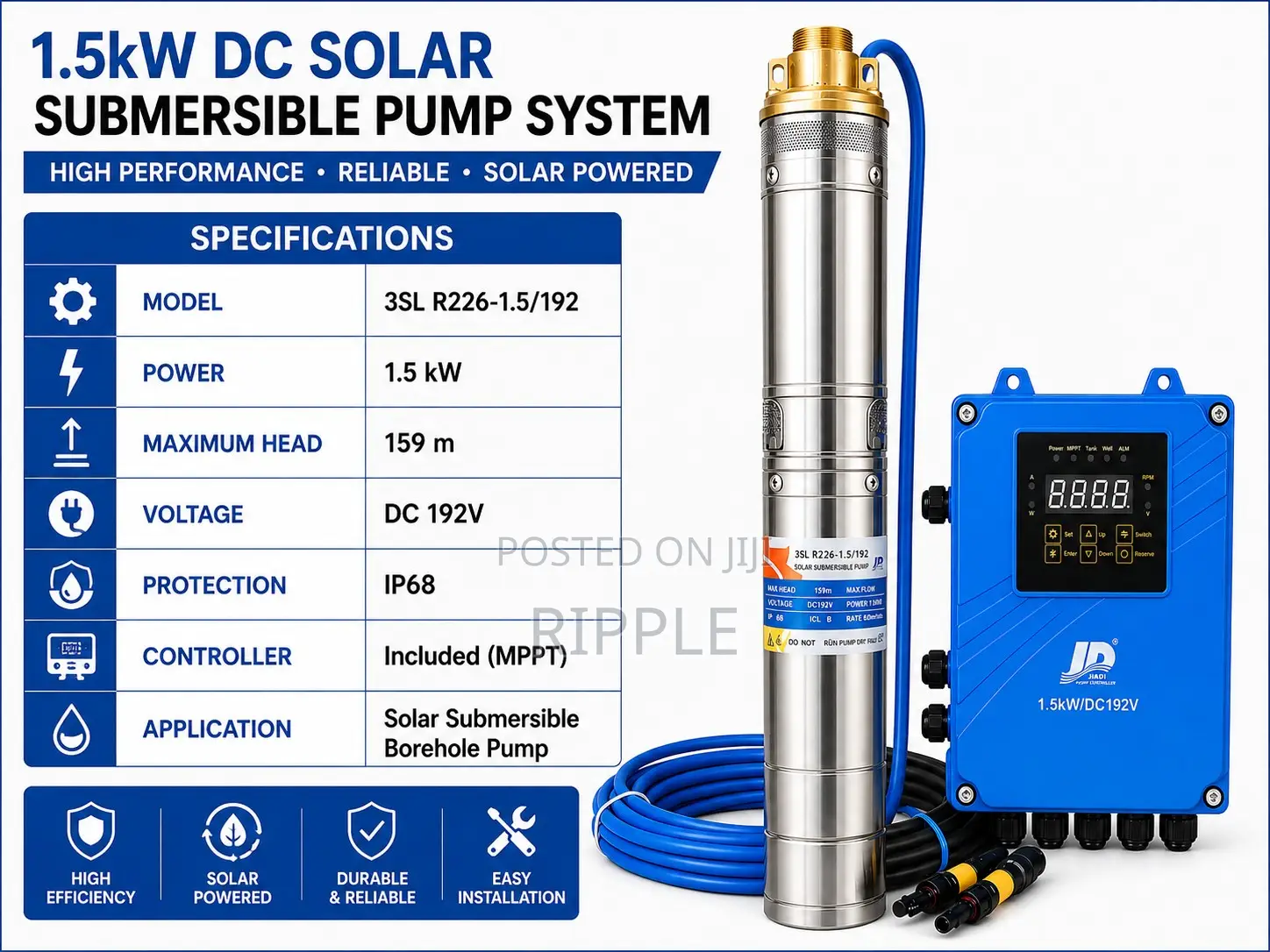 1500W Solar Borehole Pump 159m Head 4,800l/H 192V Deep Well Pump