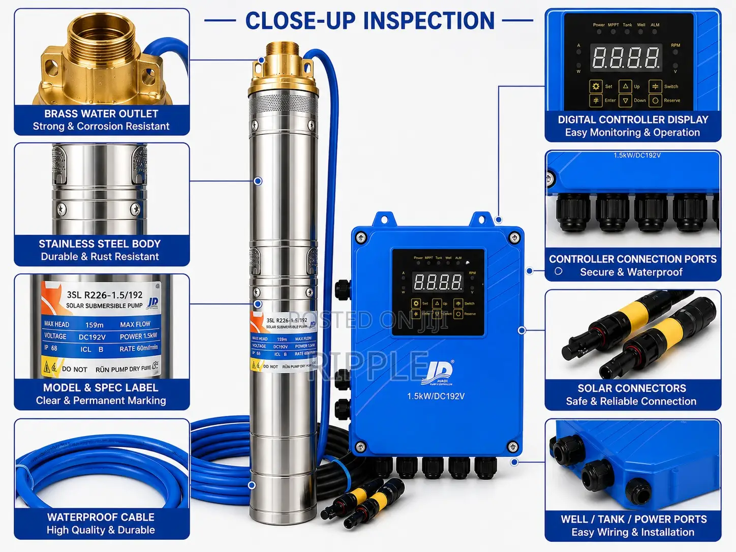 1500W Solar Borehole Pump 159m Head 4,800l/H 192V Deep Well Pump