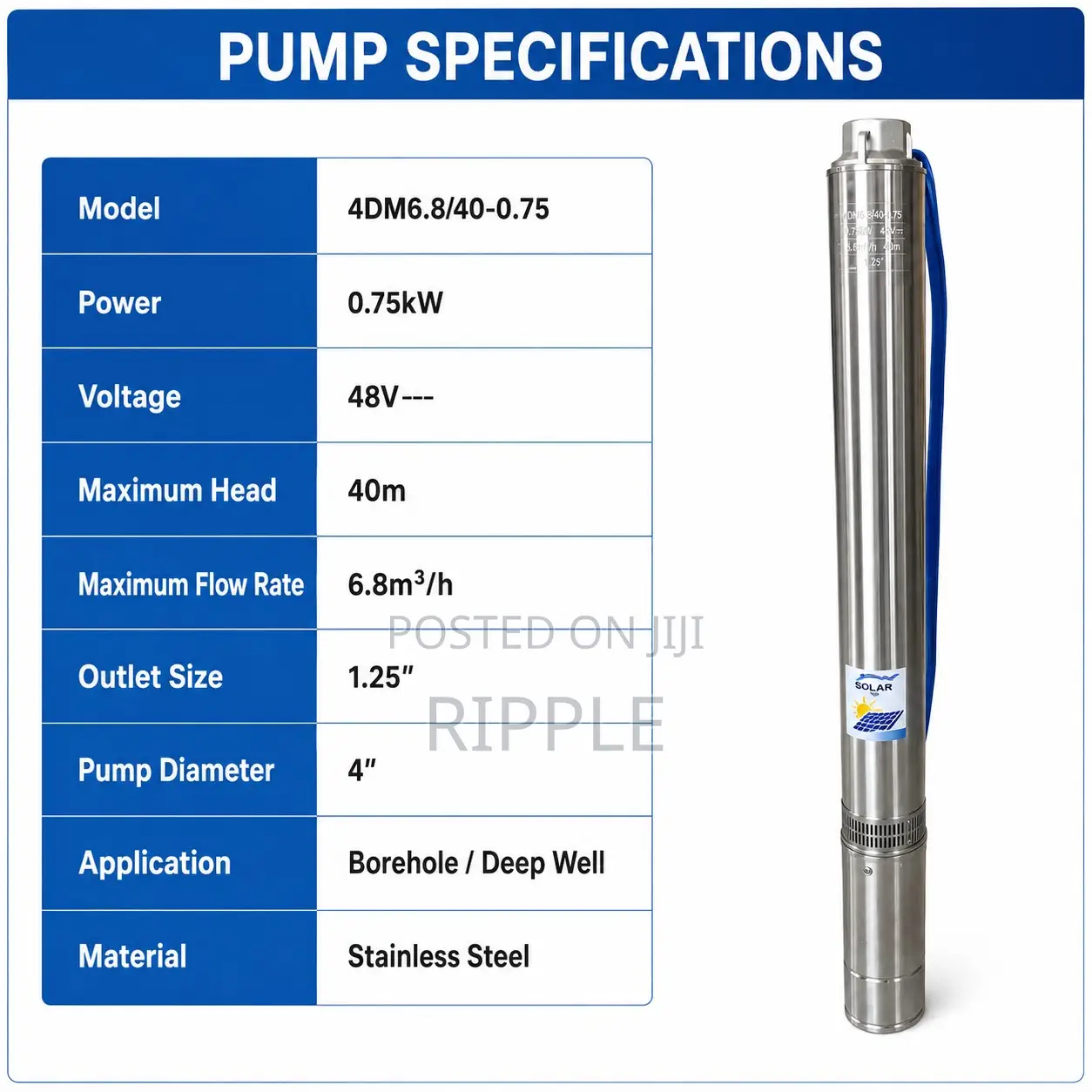 1500W Solar Borehole Pump 165m Head 4,000l/H 110V Deep Well Pump