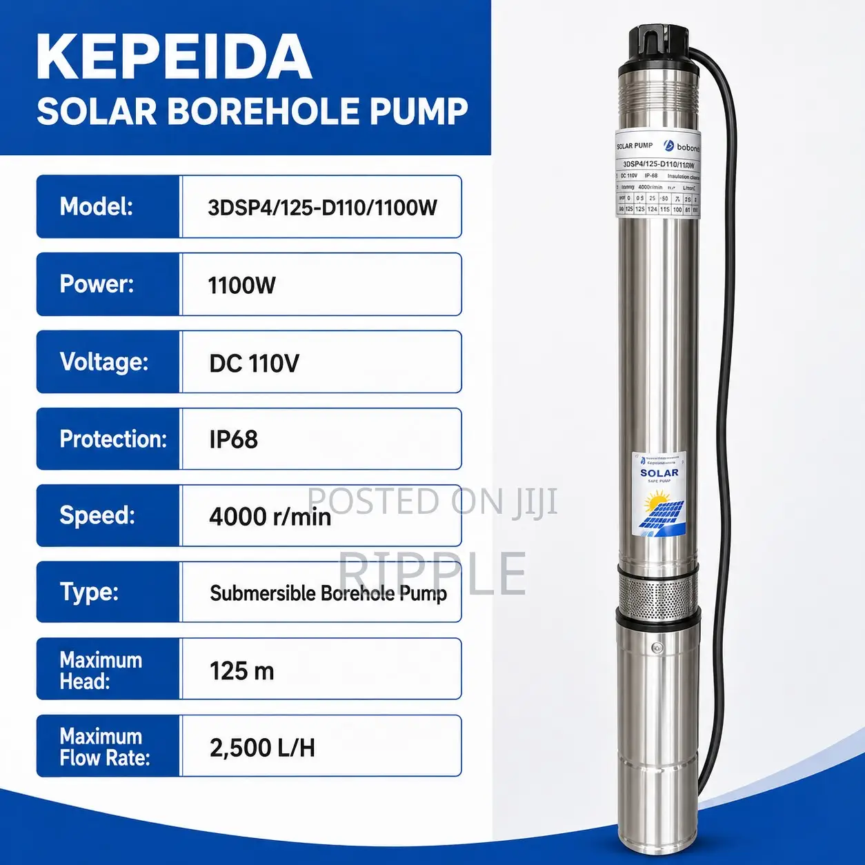 1100W Solar Borehole Pump 125m Head 4,000l/H 110V DC Deep Well Pump