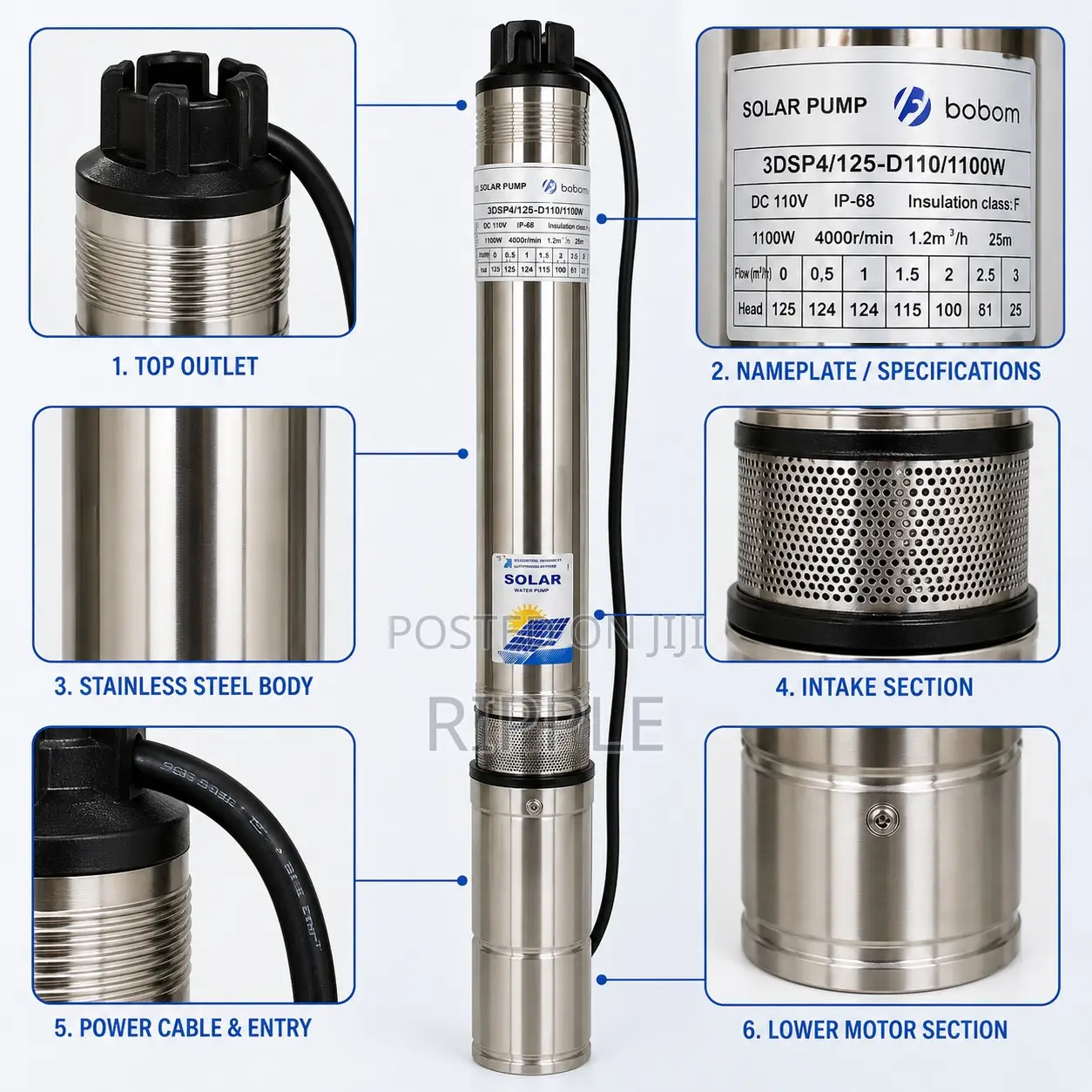 1100W Solar Borehole Pump 125m Head 4,000l/H 110V DC Deep Well Pump