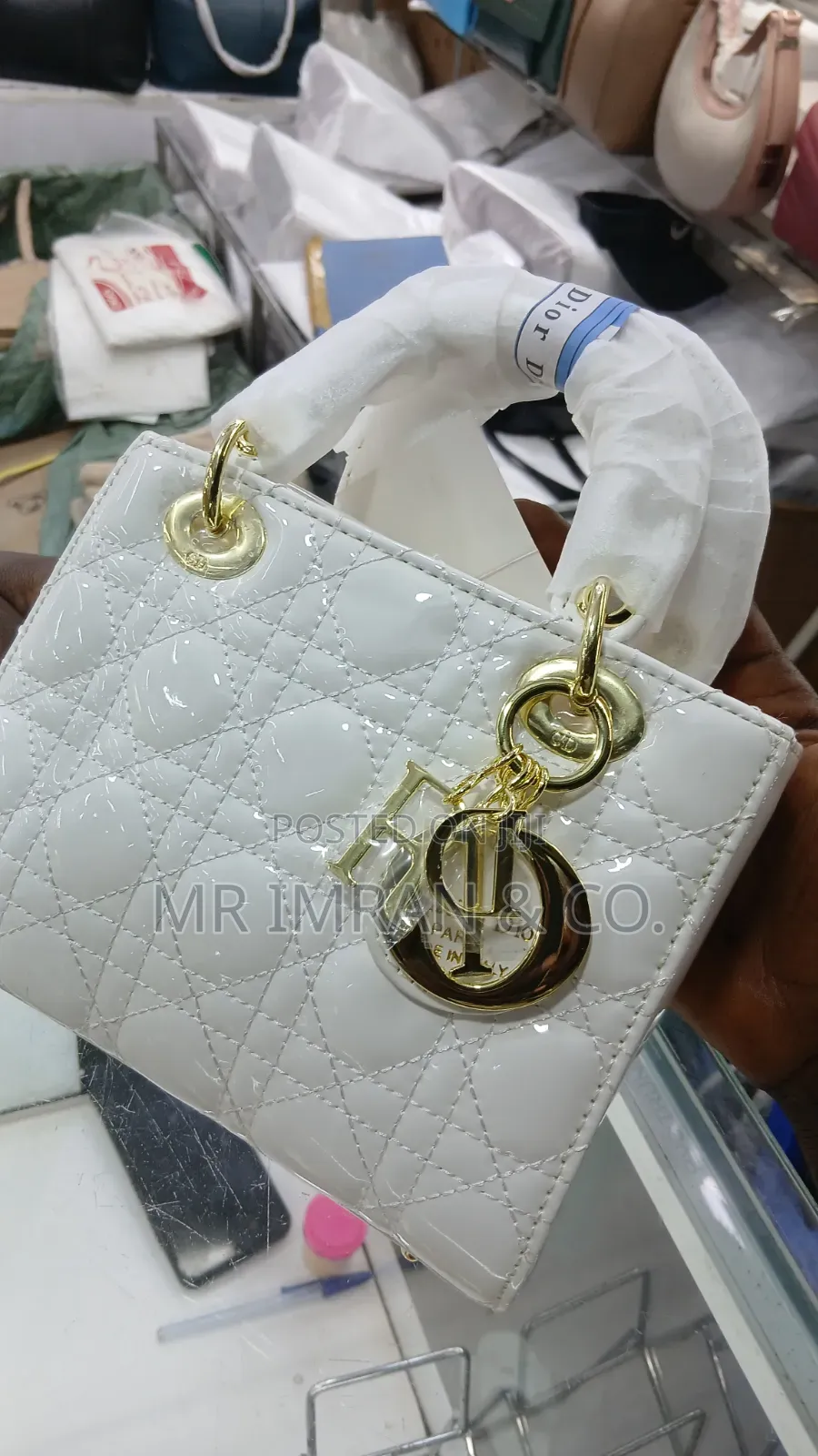 White Patent Quilted Top-Handle Handbag