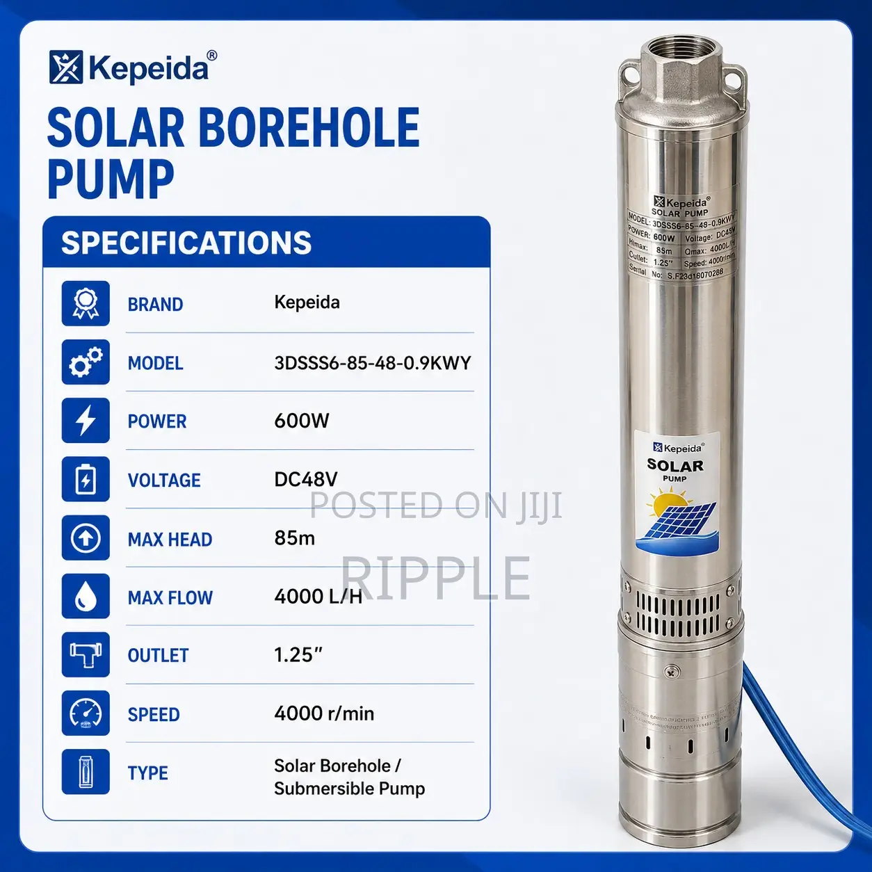 600W Solar Borehole Pump 85m Head 4000l/H 48V