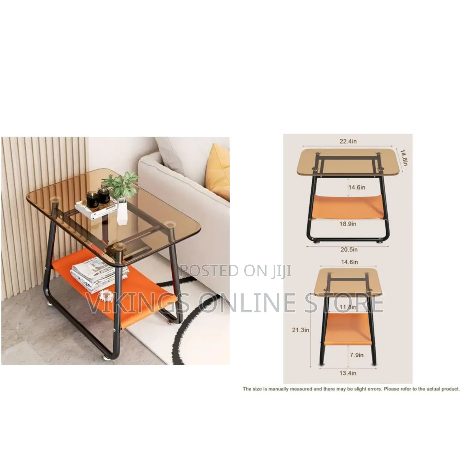 Modern Glass-Top End Table With a Black Metal Frame and an Orange