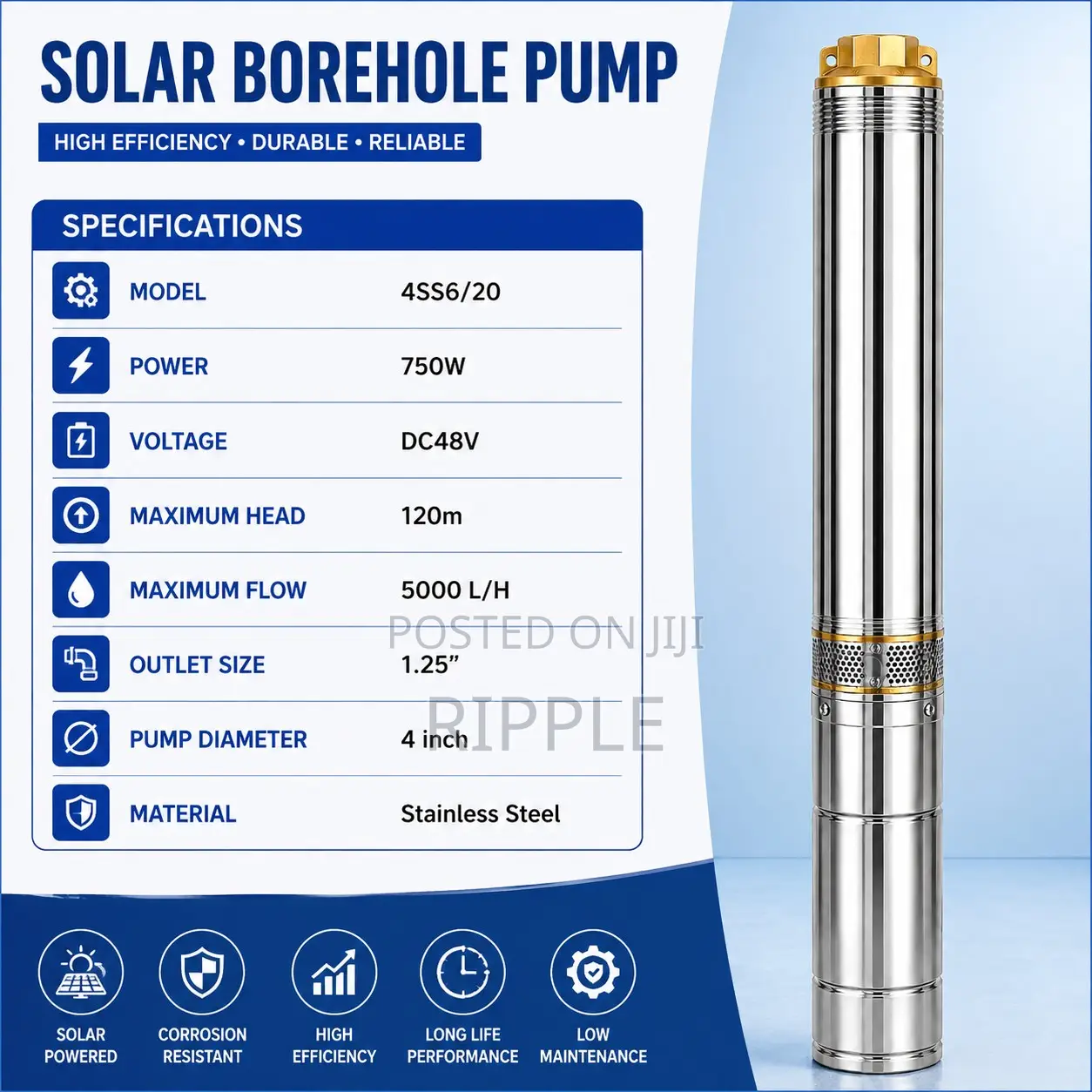 750W AC Borehole Pump 93m Head 5,800l/H 220V Deep Well Water Pump