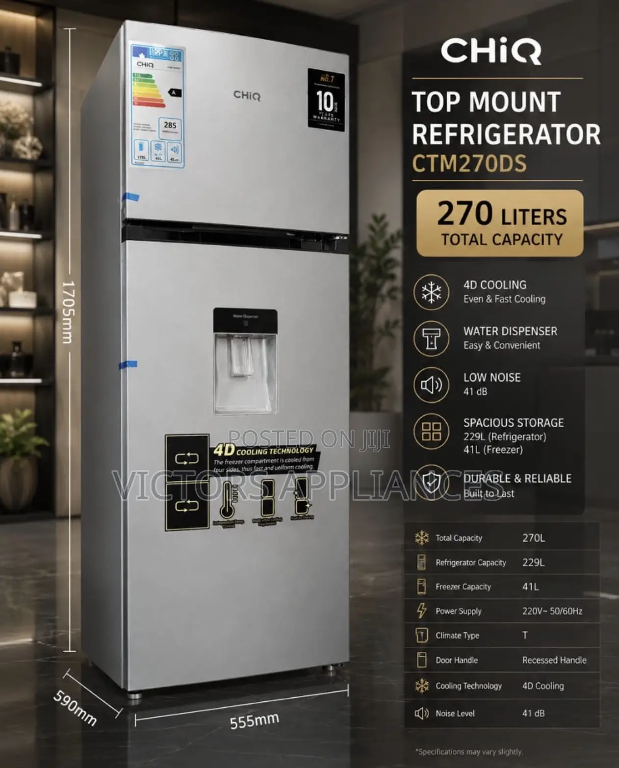 CHiQ 270L Double Door Refrigerator With Water Dispenser