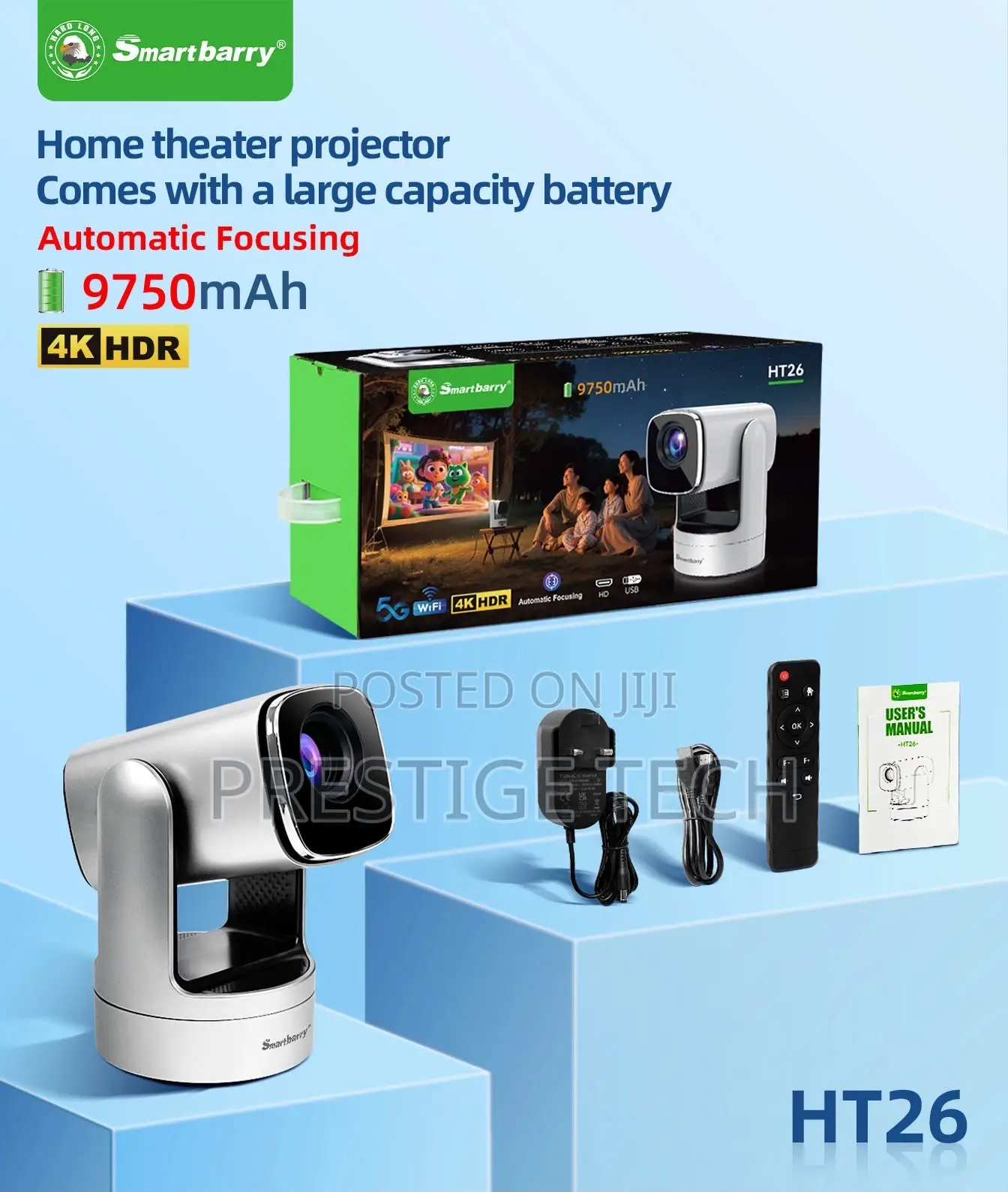 Smartbarry HT26 Portable 4K Rechargeable 9750mah Android Projector