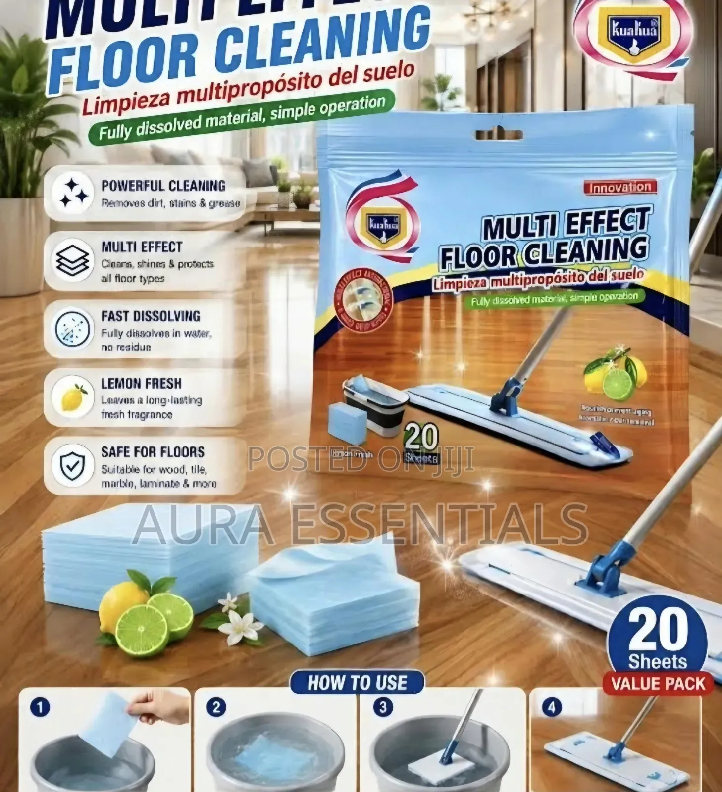 20 Multi Effect Floor Cleaning Water-Soluble Sheets