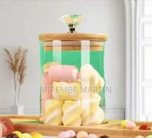 Elegant Glass Storage Canister Set With Wooden Lids and Tiered Rack